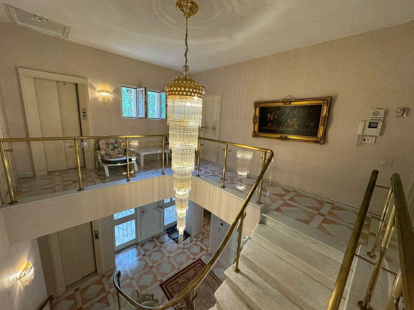 Grand staircase and chandelier